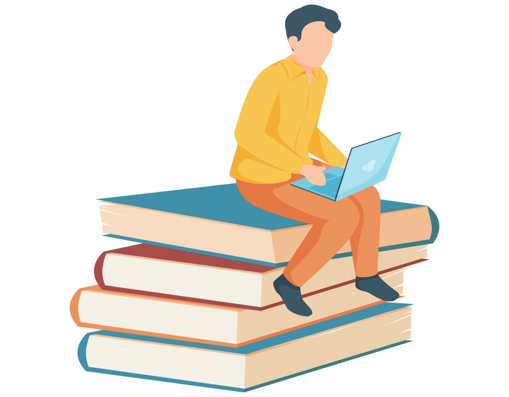 Boy student sitting on stack of books with laptop flat icon vector illustration